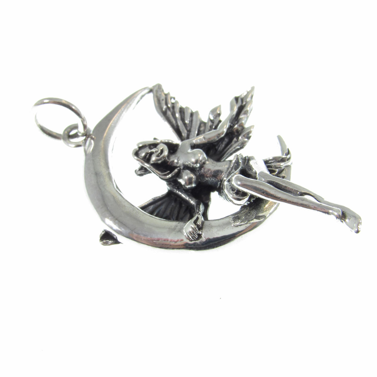 Solid 925 Sterling Silver Fairy on Crescent Moon Pendant, Magic Celestial Faerie Amulet