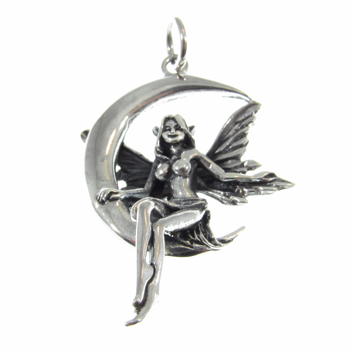 Solid 925 Sterling Silver Fairy on Crescent Moon Pendant, Magic Celestial Faerie Amulet