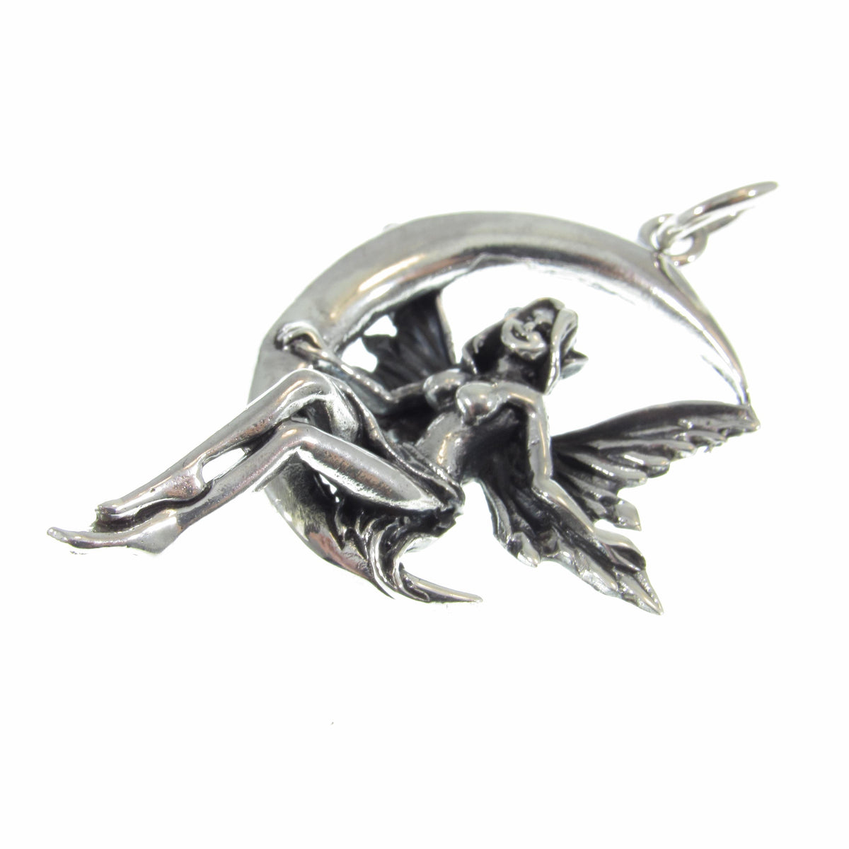 Solid 925 Sterling Silver Fairy on Crescent Moon Pendant, Magic Celestial Faerie Amulet