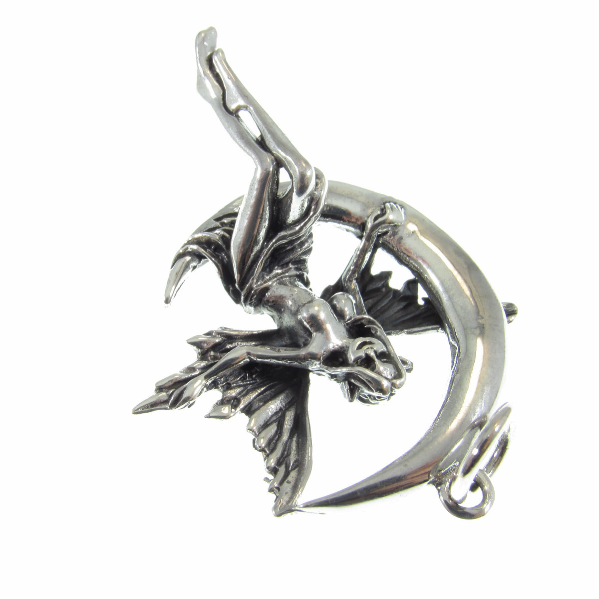 Solid 925 Sterling Silver Fairy on Crescent Moon Pendant, Magic Celestial Faerie Amulet