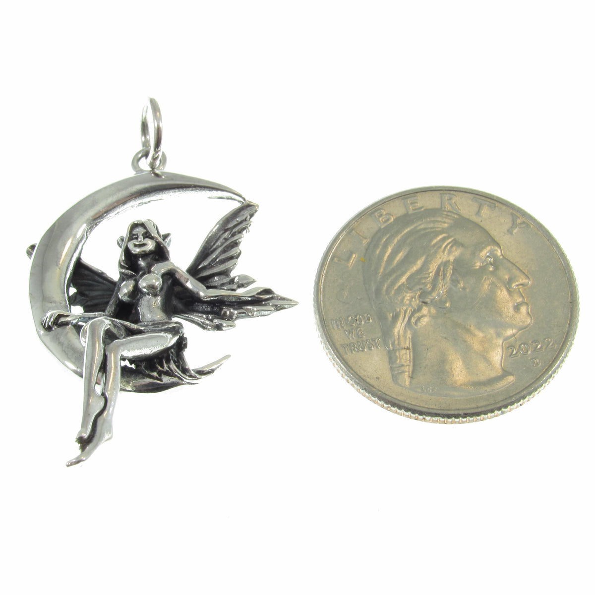 Solid 925 Sterling Silver Fairy on Crescent Moon Pendant, Magic Celestial Faerie Amulet