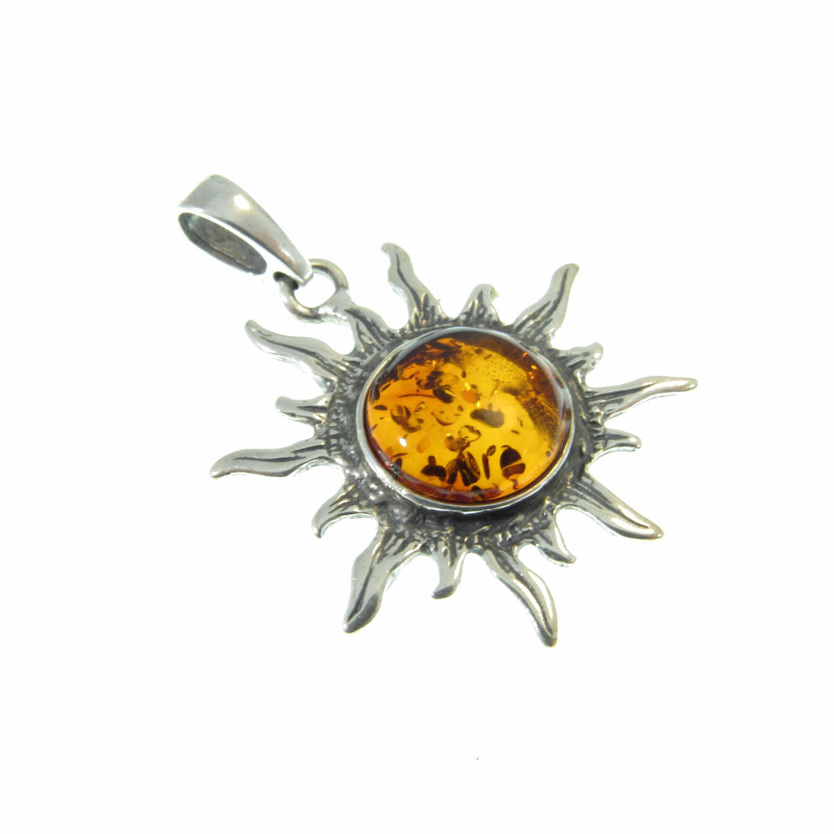 Solid 925 Sterling Silver Amber Sun Pendant – Baltic Amber Solar Necklace, Honey or Green