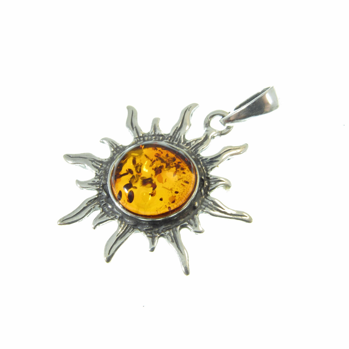 Solid 925 Sterling Silver Amber Sun Pendant – Baltic Amber Solar Necklace, Honey or Green