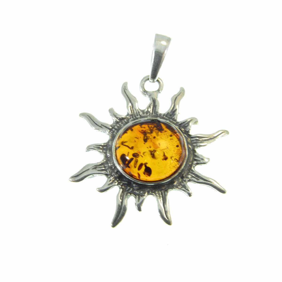 Solid 925 Sterling Silver Amber Sun Pendant – Baltic Amber Solar Necklace, Honey or Green