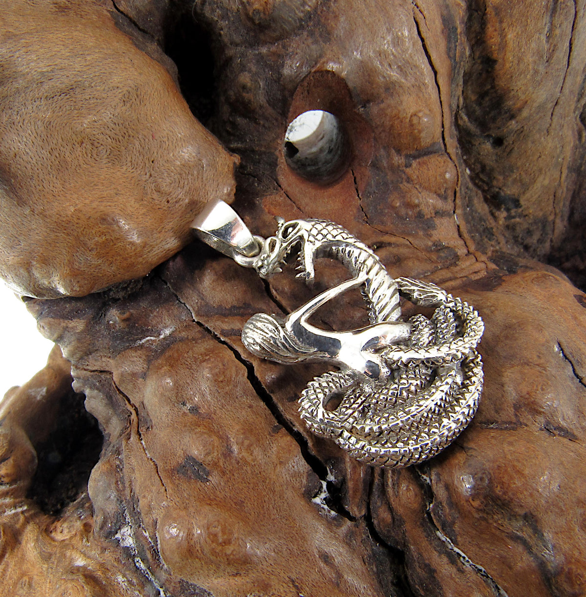 Solid 925 Sterling Silver Damsel in Distress Pendant, Woman & Mystical Serpent, Handcrafted Gothic Fantasy Jewelry, Lady and Snake Sculpture