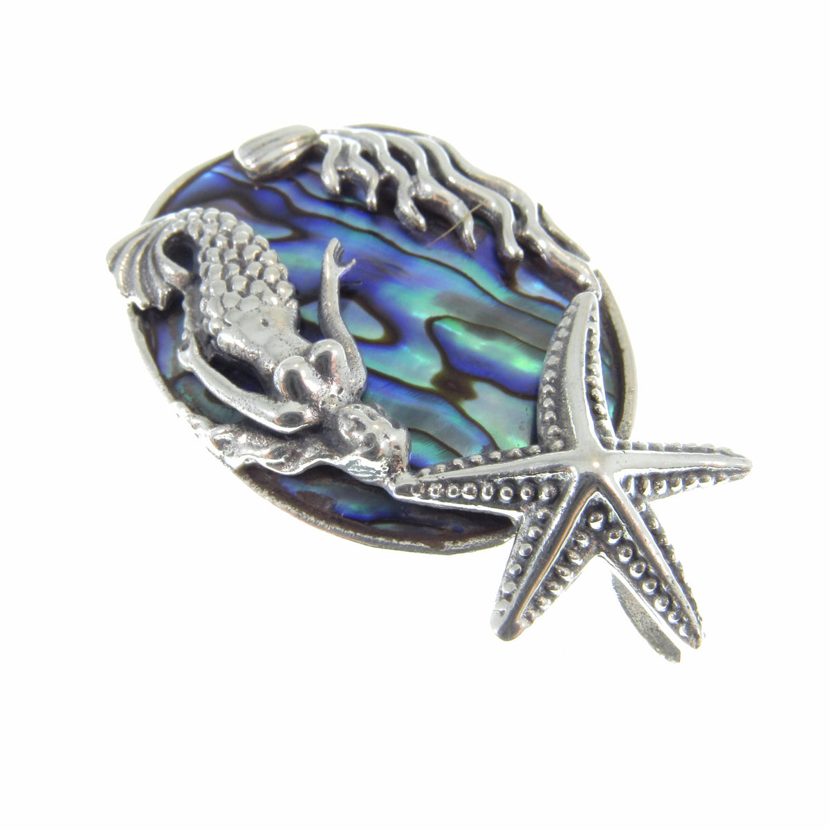 Solid 925 Sterling Silver and Abalone Shell Slide Pendant – Handcrafted Mermaid & Starfish Pendant – Ocean-Inspired Jewelry – Nautical Gift