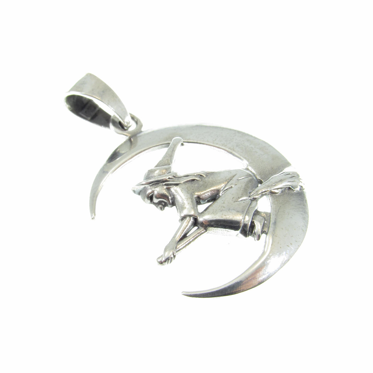 Solid 925 Sterling Silver Witch Flying on Crescent Moon Pendant, Wiccan Pagan Witchcraft Jewelry