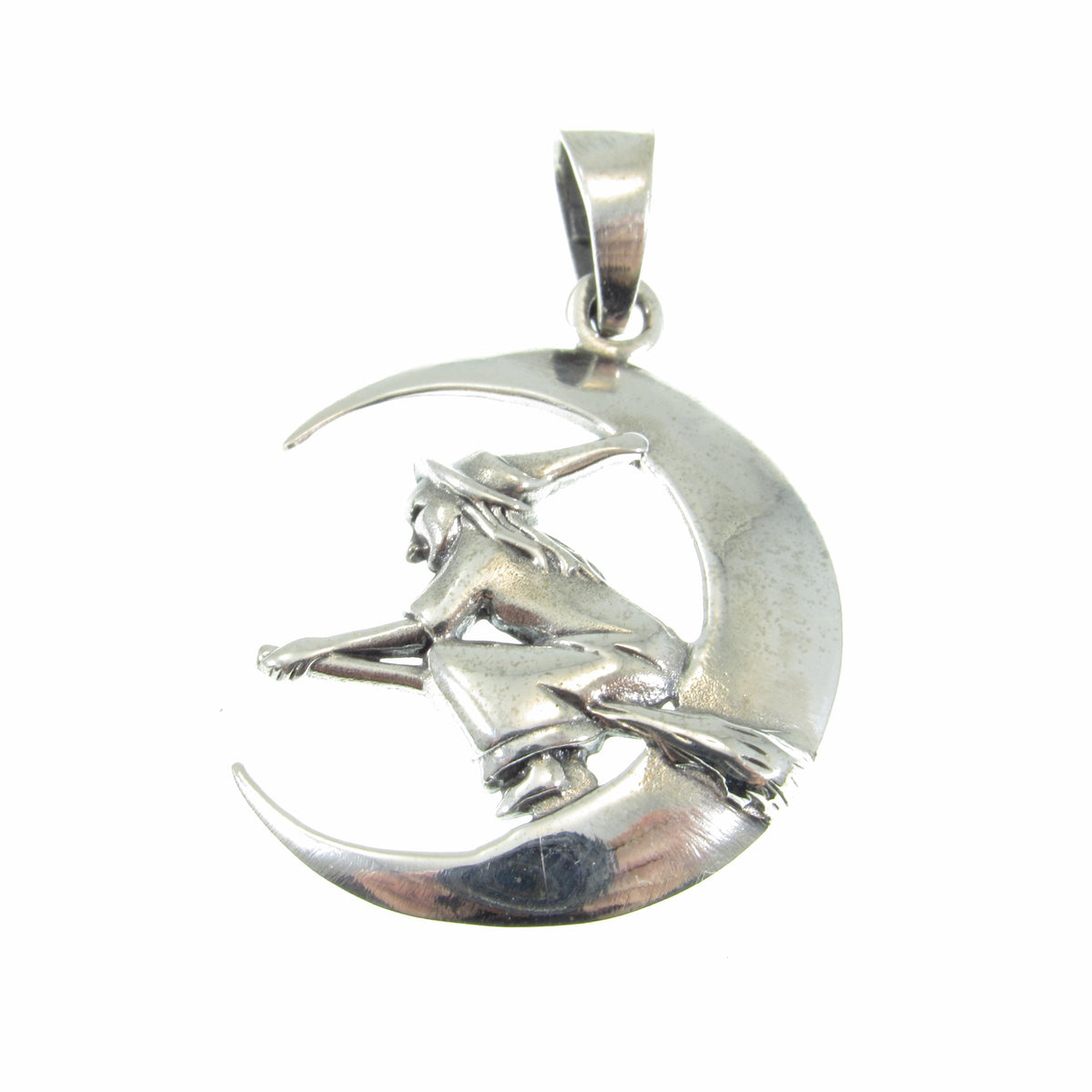 Solid 925 Sterling Silver Witch Flying on Crescent Moon Pendant, Wiccan Pagan Witchcraft Jewelry