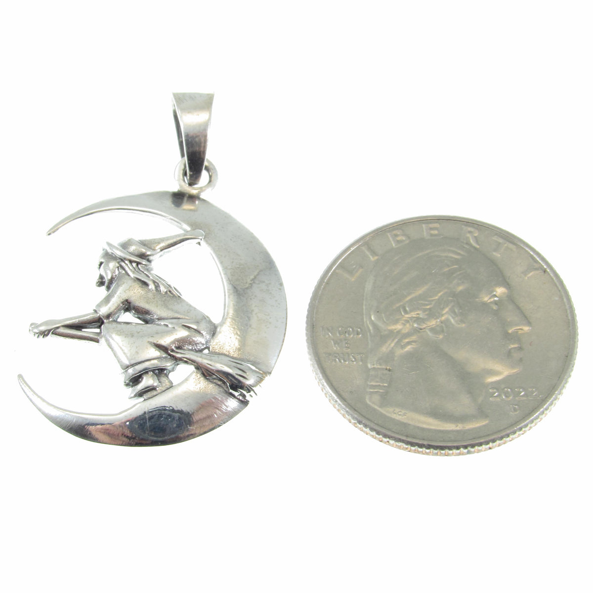 Solid 925 Sterling Silver Witch Flying on Crescent Moon Pendant, Wiccan Pagan Witchcraft Jewelry