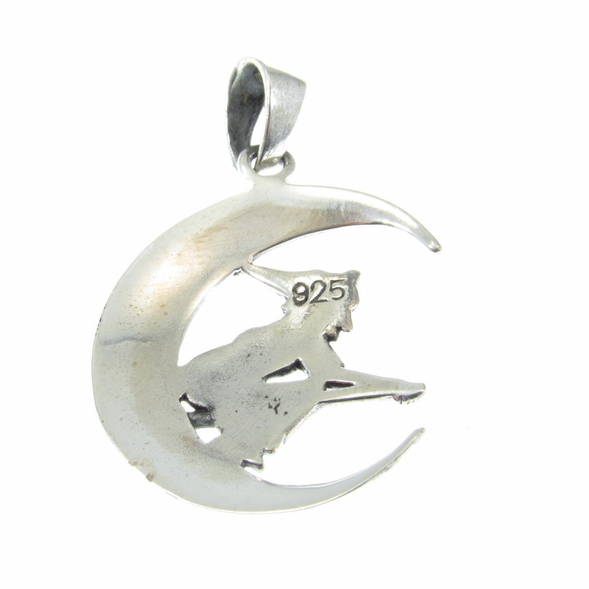Solid 925 Sterling Silver Witch Flying on Crescent Moon Pendant, Wiccan Pagan Witchcraft Jewelry