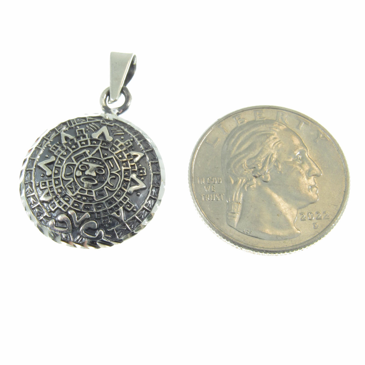 Solid 925 Sterling Silver Puffed Aztec Sun Stone Pendant, Handcrafted Mayan Calendar Charm, Zodiac Wheel Amulet, Sacred Round Jewelry