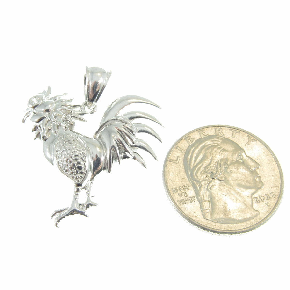 Men's Solid 925 Sterling Silver Rooster Pendant, Rhodium Plated Hip Hop Pendant with Clear CZ Accents, Edgy Iced Out Urban Jewelry for Him