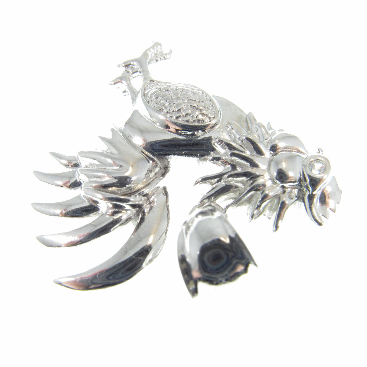 Men's Solid 925 Sterling Silver Rooster Pendant, Rhodium Plated Hip Hop Pendant with Clear CZ Accents, Edgy Iced Out Urban Jewelry for Him