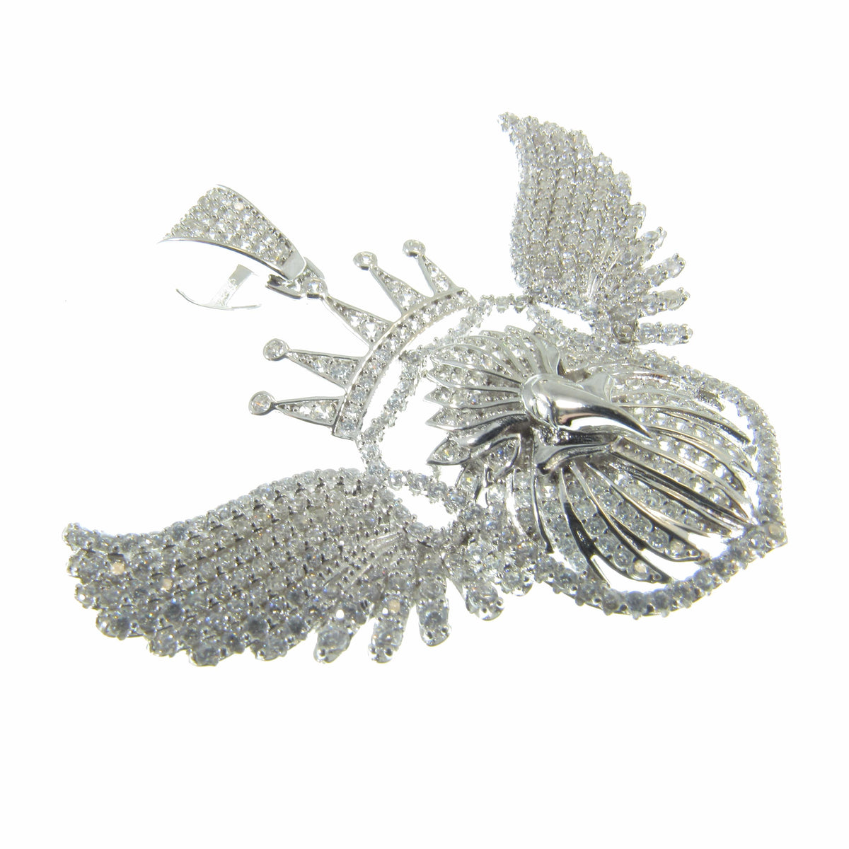 Men's Solid 925 Sterling Silver Crowned Eagle Pendant, Rhodium Plated Hip Hop Jewelry, Iced Out White Clear CZs, Edgy Urban Patriot Jewelry