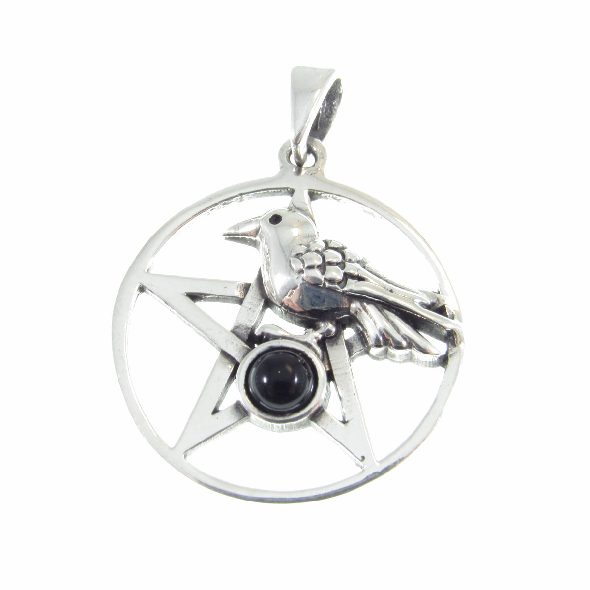 Solid 925 Sterling Silver Crow and Pentacle Pendant with Black Onyx, Gothic Raven Pentagram