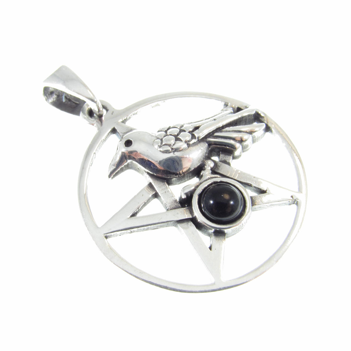 Solid 925 Sterling Silver Crow and Pentacle Pendant with Black Onyx, Gothic Raven Pentagram