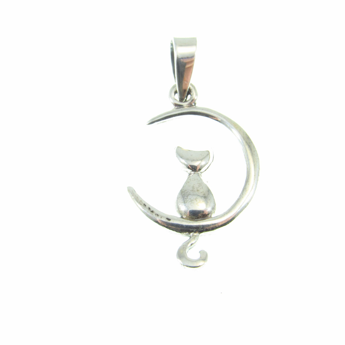 Solid 925 Sterling Silver Crescent Moon Cat Pendant, Witchy Feline Celestial Necklace Charm