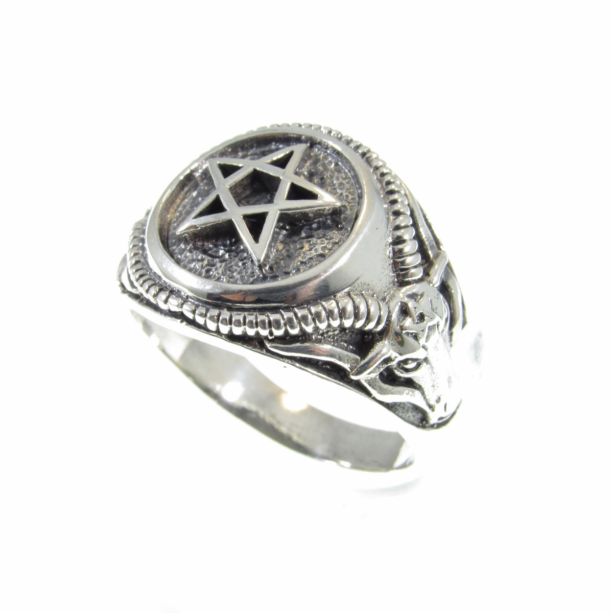 Solid 925 Sterling Silver Men's Pentagram and Baphomet Ring, Handcrafted Signet Pendant on Nylon Cord, Unique Alternative & Edgy Jewelry