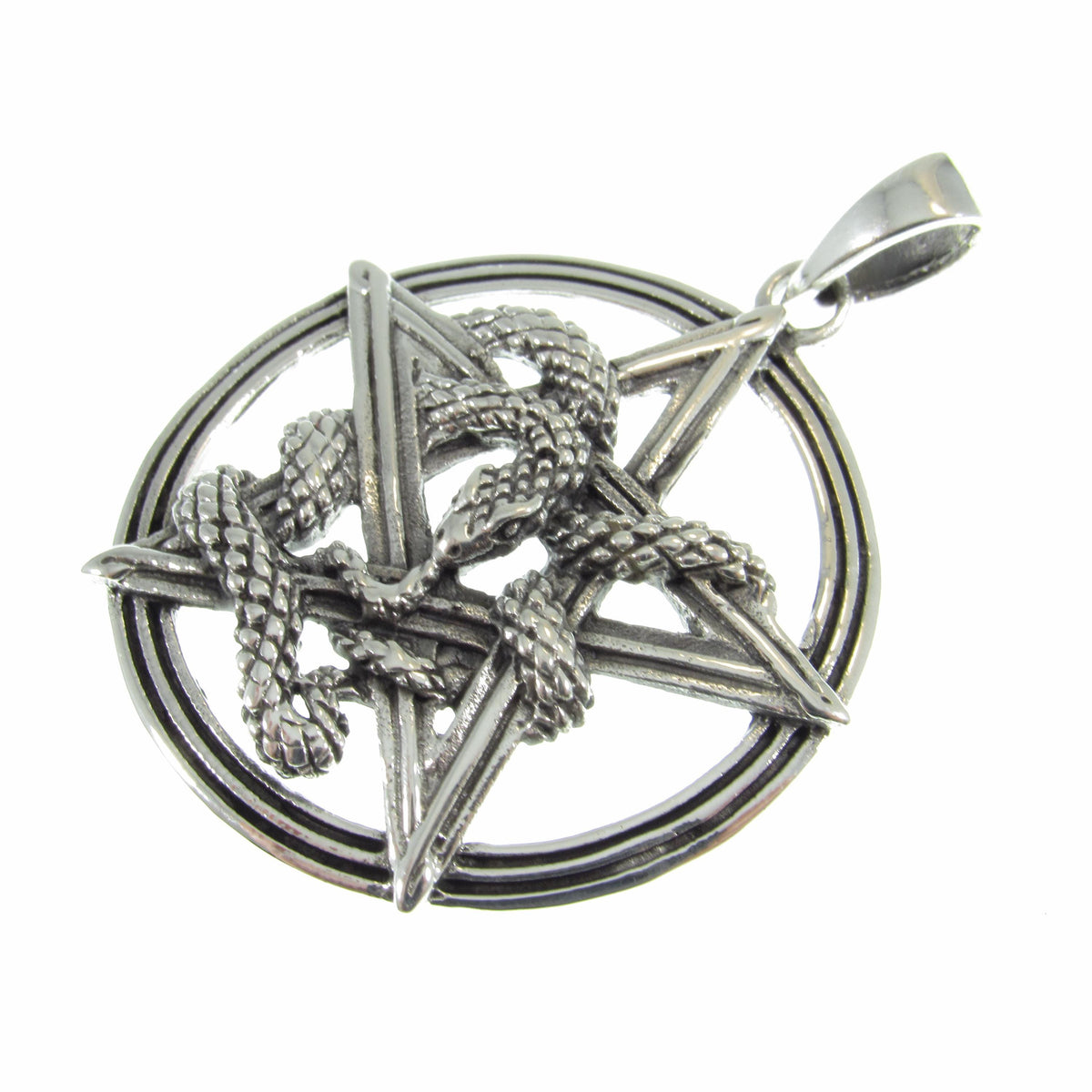 Solid 925 Sterling Silver Intertwined Snake Pentacle Pendant, Interwoven Serpent Ouroboros Pentagram, Pagan Amulet