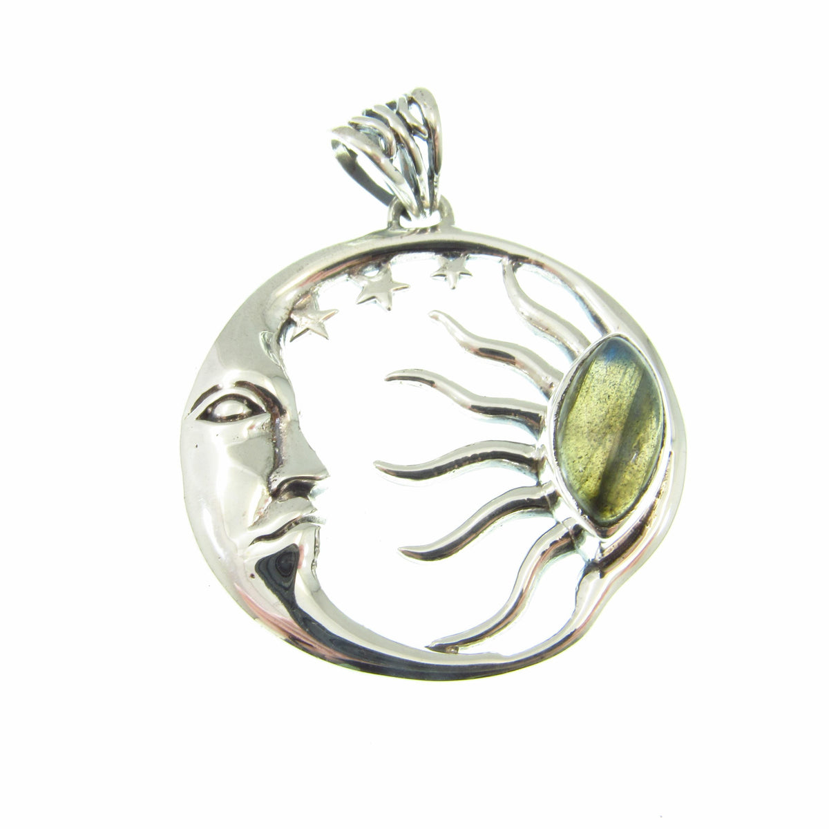 Solid 925 Sterling Silver Sun and Moon Pendant – Labradorite or Rainbow Moonstone Necklace Amulet