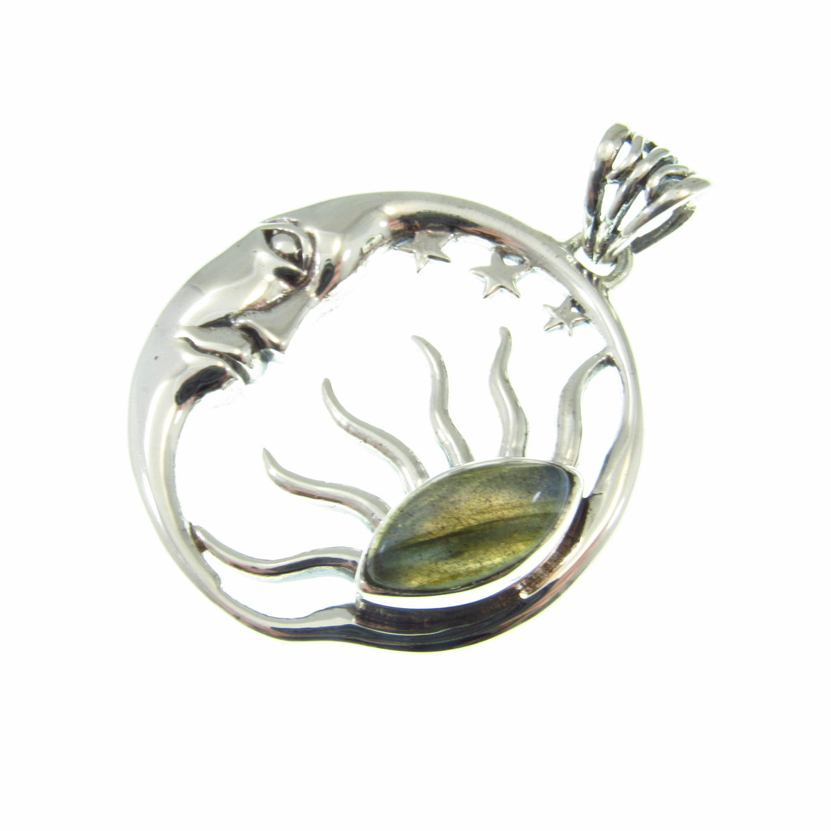 Solid 925 Sterling Silver Sun and Moon Pendant – Labradorite or Rainbow Moonstone Necklace Amulet