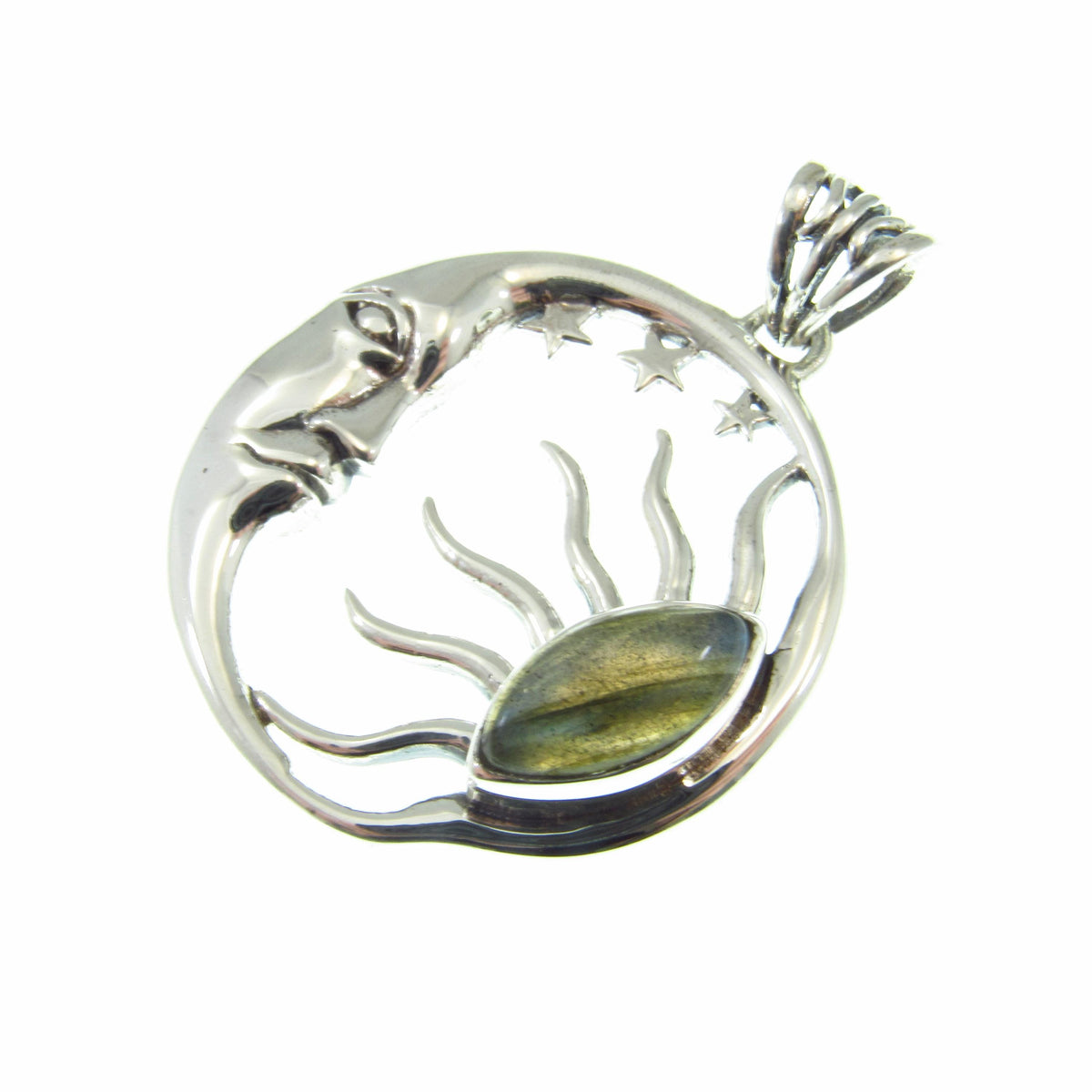 Solid 925 Sterling Silver Sun and Moon Pendant – Labradorite or Rainbow Moonstone Necklace Amulet