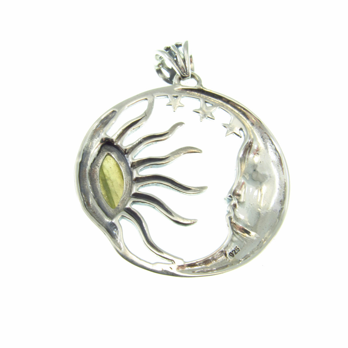 Solid 925 Sterling Silver Sun and Moon Pendant – Labradorite or Rainbow Moonstone Necklace Amulet