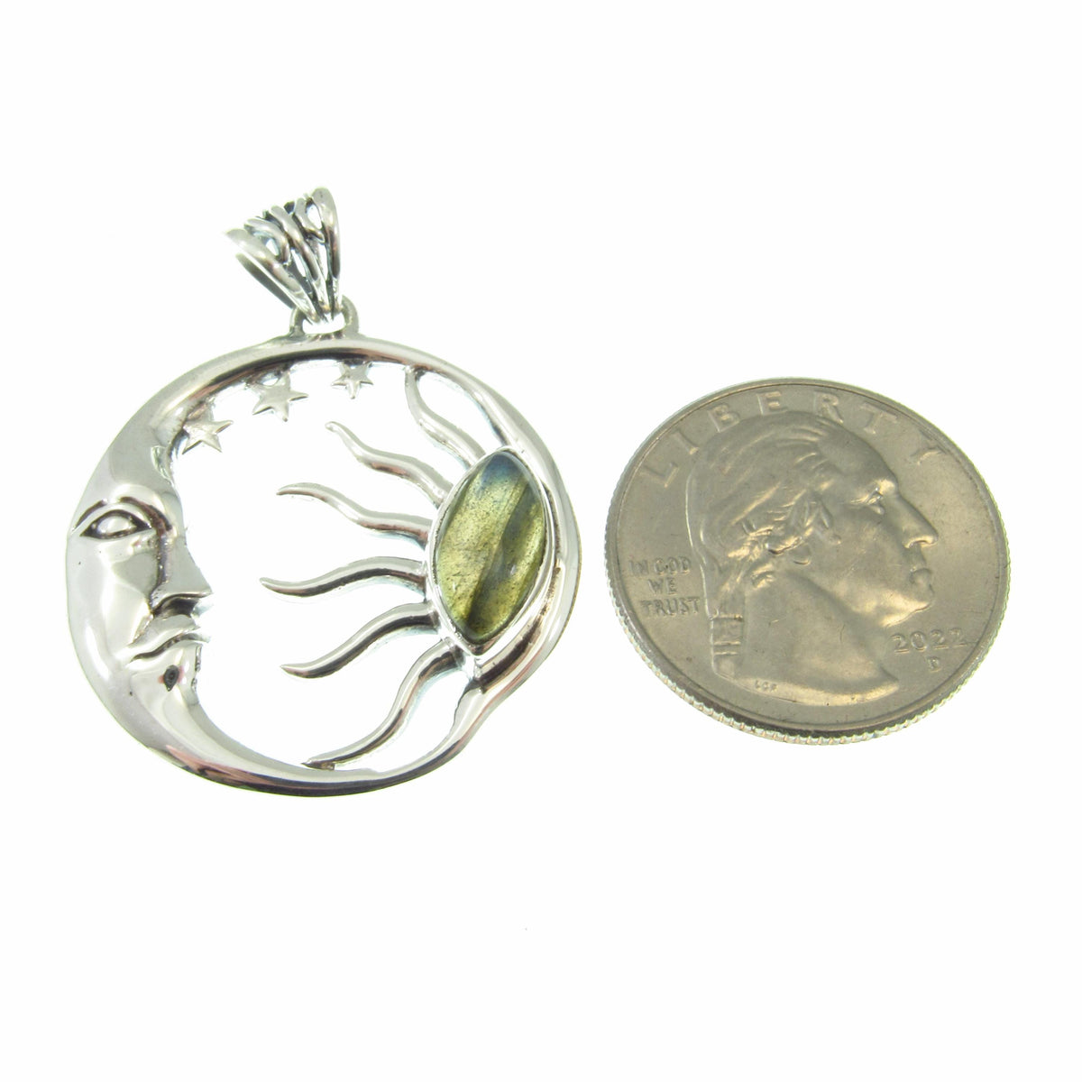 Solid 925 Sterling Silver Sun and Moon Pendant – Labradorite or Rainbow Moonstone Necklace Amulet