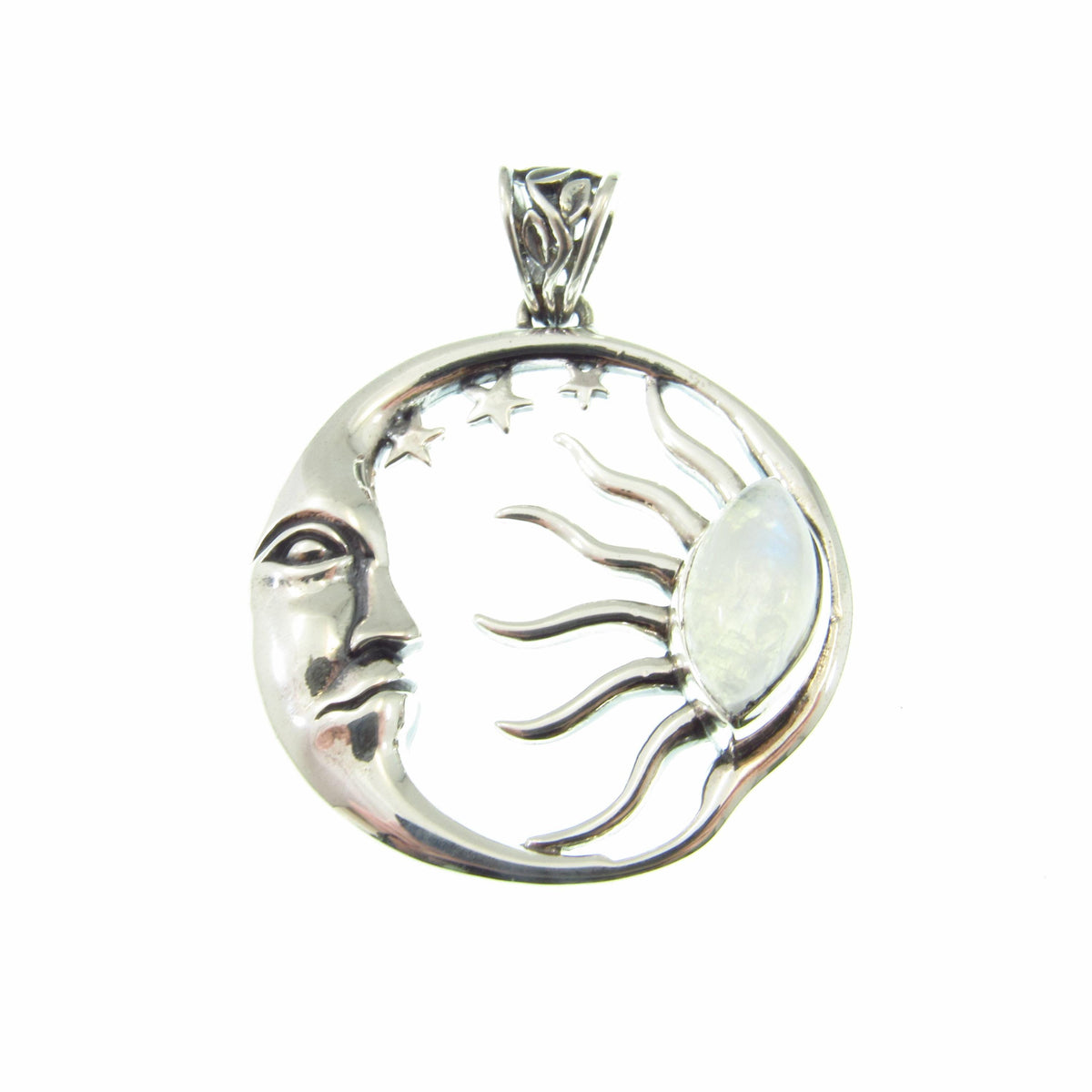 Solid 925 Sterling Silver Sun and Moon Pendant – Labradorite or Rainbow Moonstone Necklace Amulet