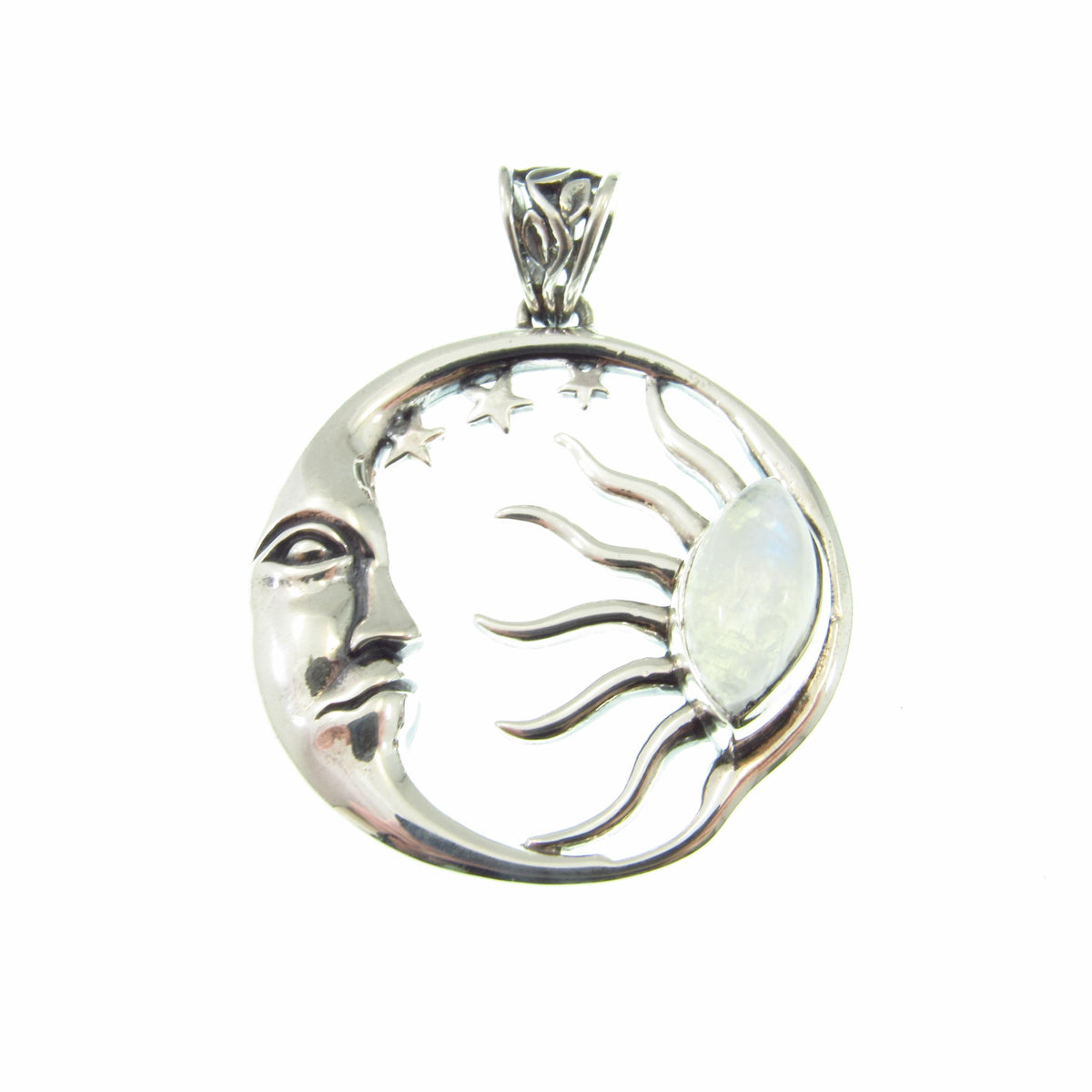 Solid 925 Sterling Silver Sun and Moon Pendant – Labradorite or Rainbow Moonstone Necklace Amulet