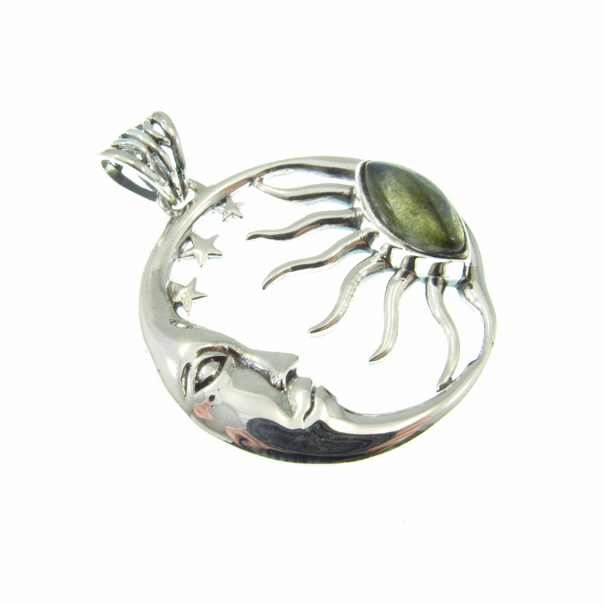 Solid 925 Sterling Silver Sun and Moon Pendant – Labradorite or Rainbow Moonstone Necklace Amulet