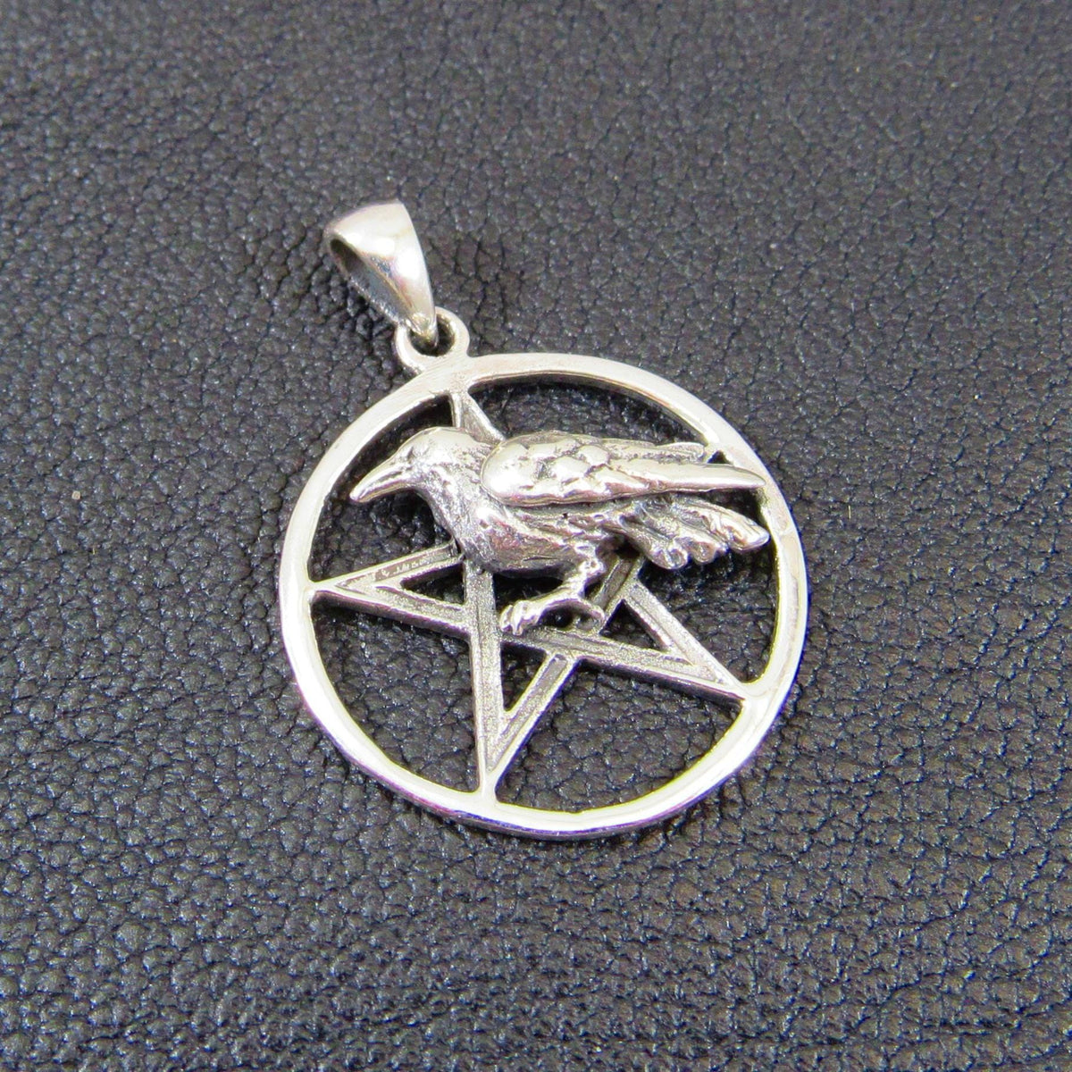 Solid 925 Sterling Silver Raven Pentagram Pendant - Gothic Crow Charm