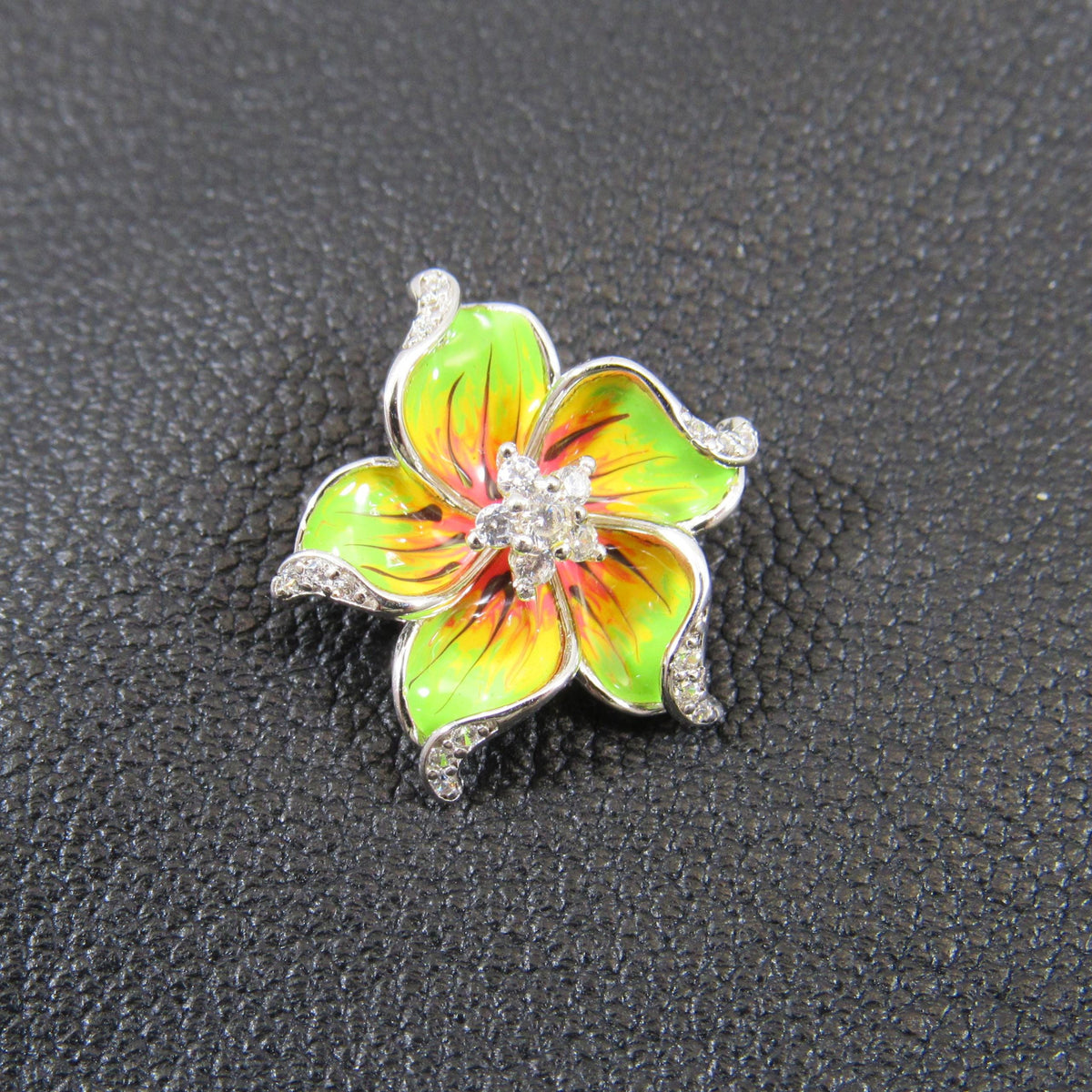 Solid 925 Sterling Silver & Enamel Hibiscus Flower Slide Pendant, Colorful Green Yellow and Red Charm, Handcrafted Floral Jewelry with CZs