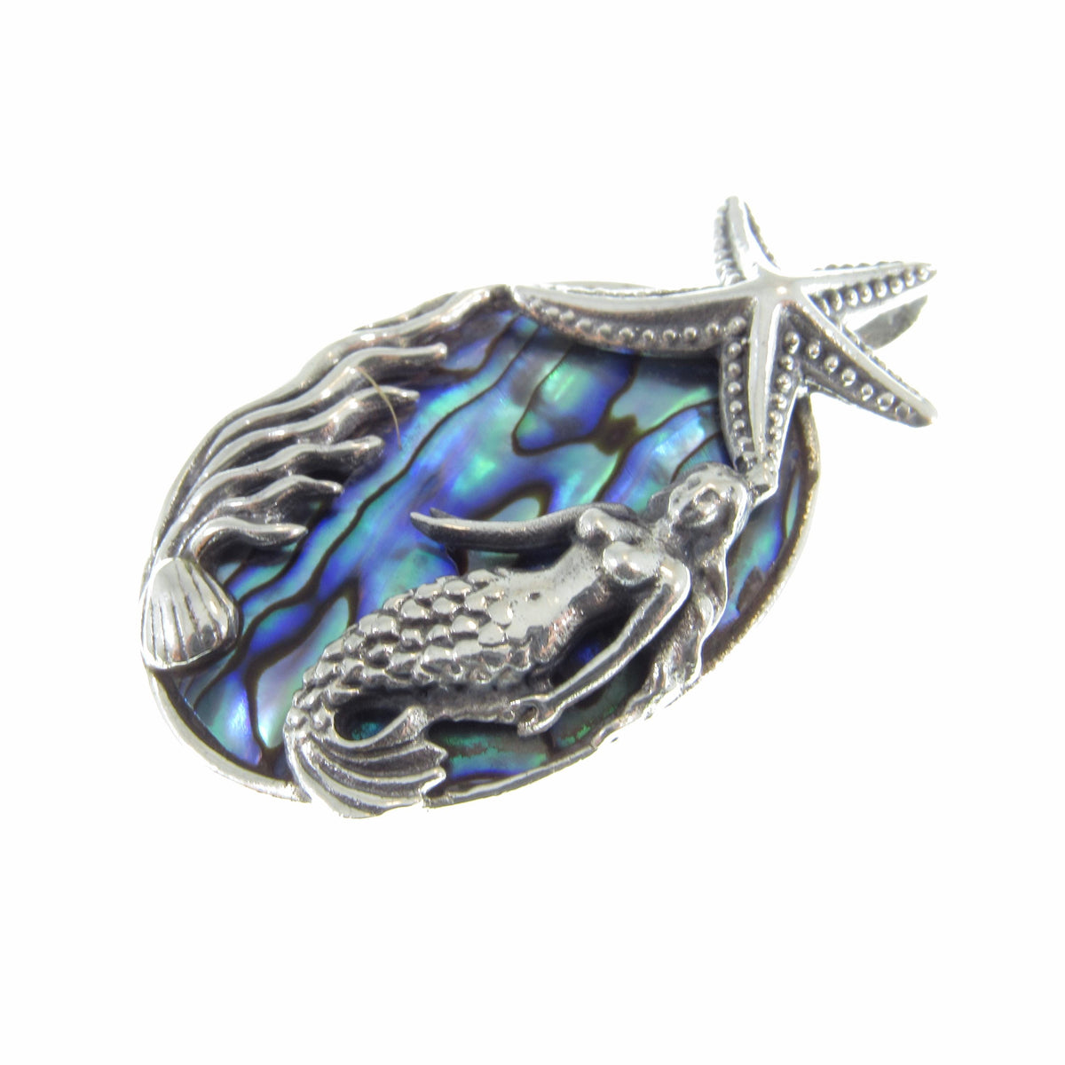 Solid 925 Sterling Silver and Abalone Shell Slide Pendant – Handcrafted Mermaid & Starfish Pendant – Ocean-Inspired Jewelry – Nautical Gift