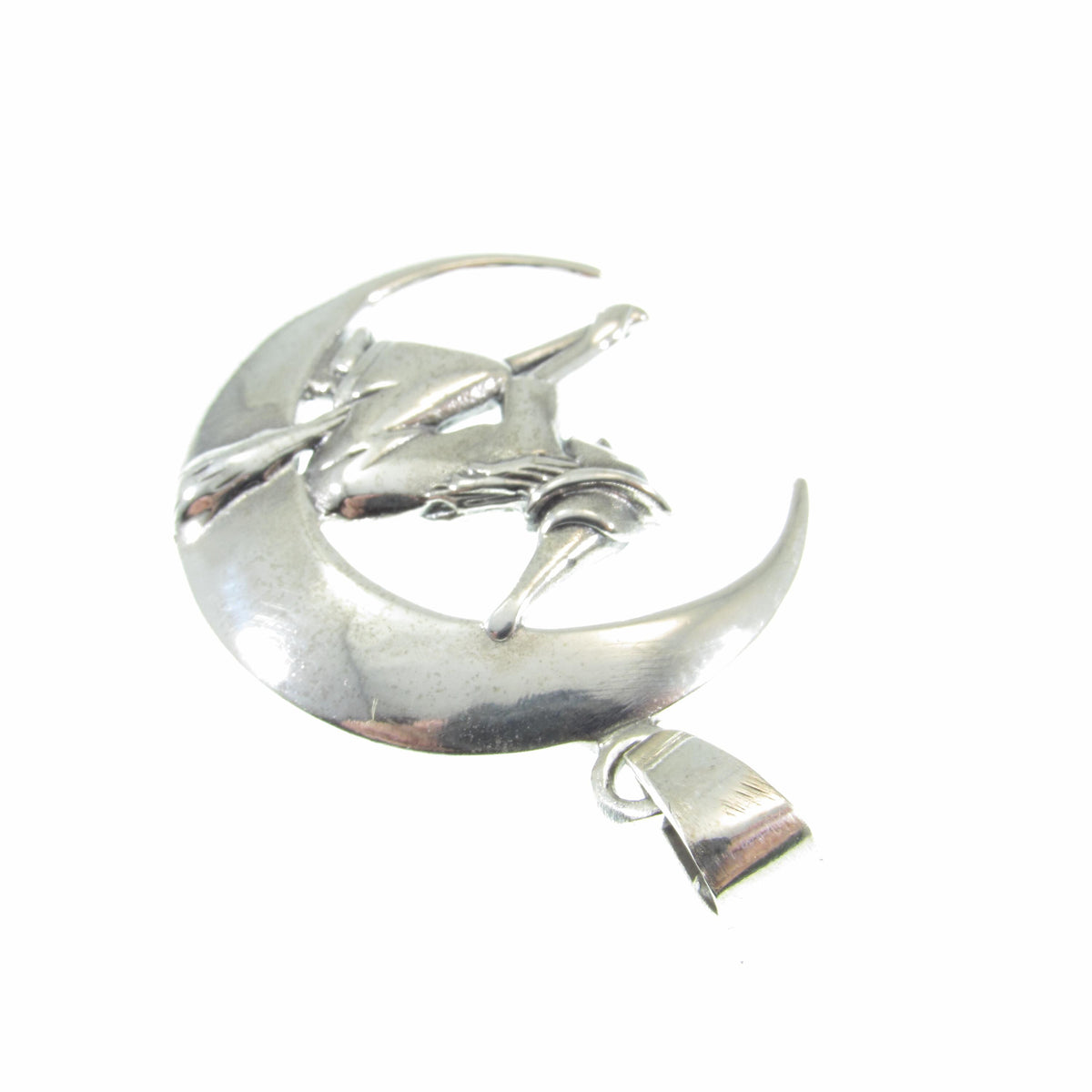 Solid 925 Sterling Silver Witch Flying on Crescent Moon Pendant, Wiccan Pagan Witchcraft Jewelry