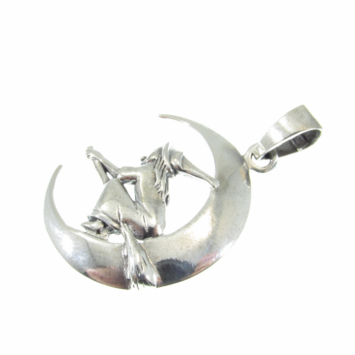 Solid 925 Sterling Silver Witch Flying on Crescent Moon Pendant, Wiccan Pagan Witchcraft Jewelry