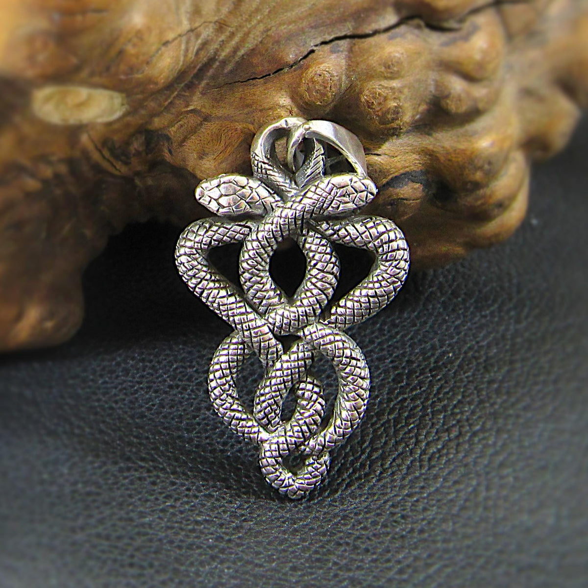 Solid 925 Sterling Silver Double Serpent Pendant – Handcrafted Snake Necklace Amulet, Ouroboros, Occult, Esoteric, Symbolic Jewelry