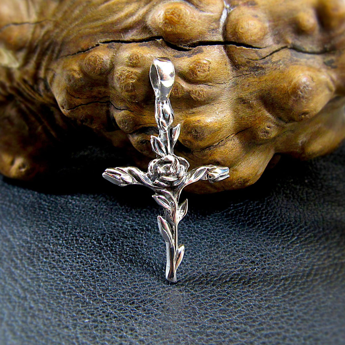 Solid 925 Sterling Silver Rose Cross Slide Pendant - Floral Crucifix Necklace Charm, Christian Faith Jewelry, Religious Gift for Women