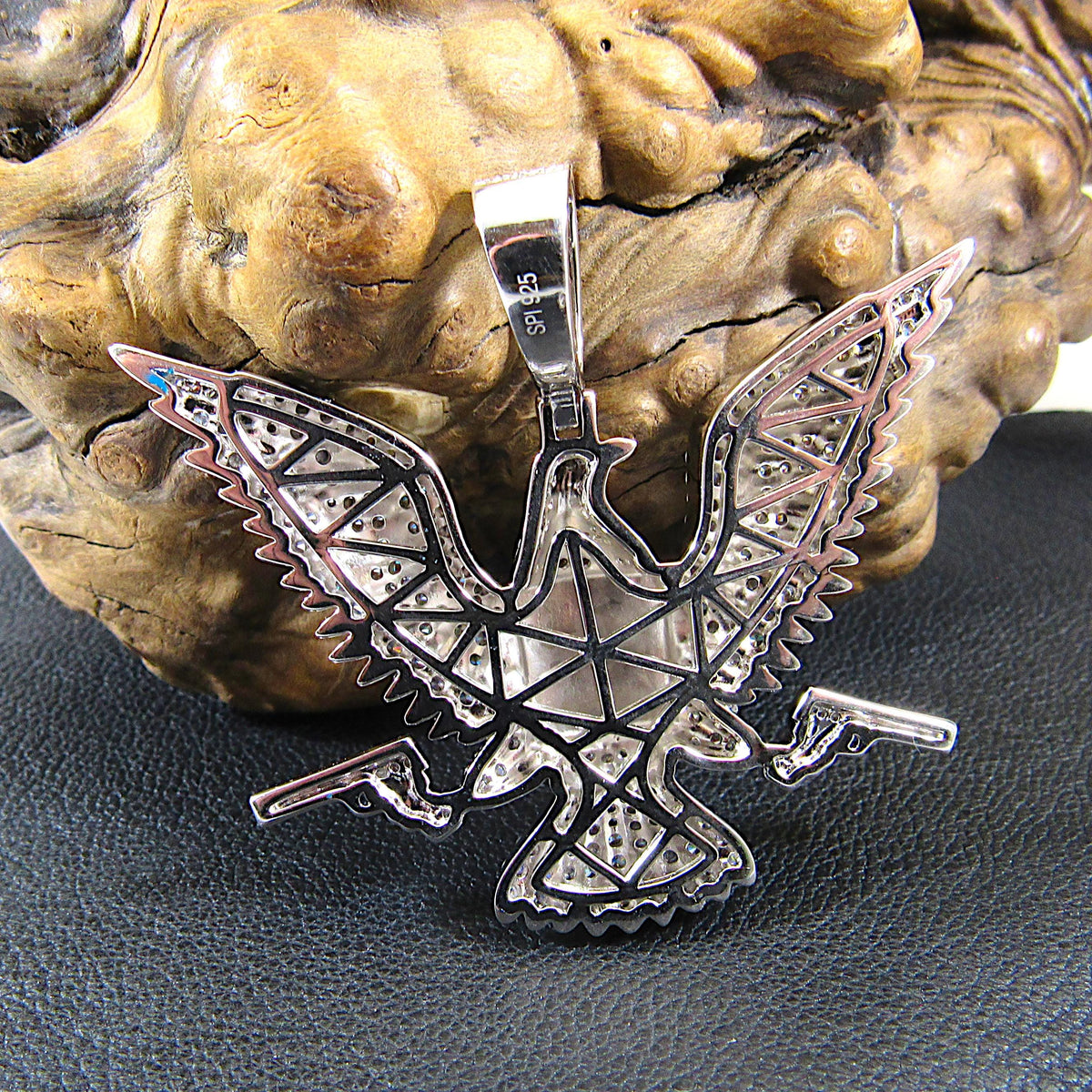 Men's Solid 925 Sterling Silver Iced Out Patriotic Pendant, Rhodium Plated Hip Hop Jewelry with Clear CZs, American Eagle, Flag, and Guns