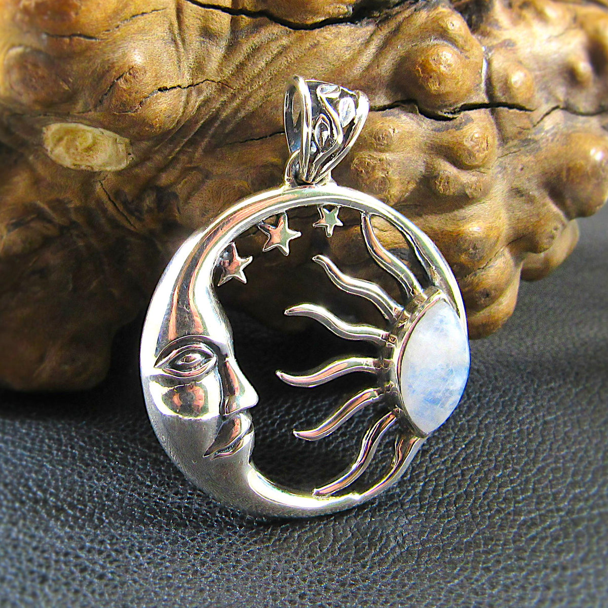 Solid 925 Sterling Silver Sun and Moon Pendant – Labradorite or Rainbow Moonstone Necklace Amulet