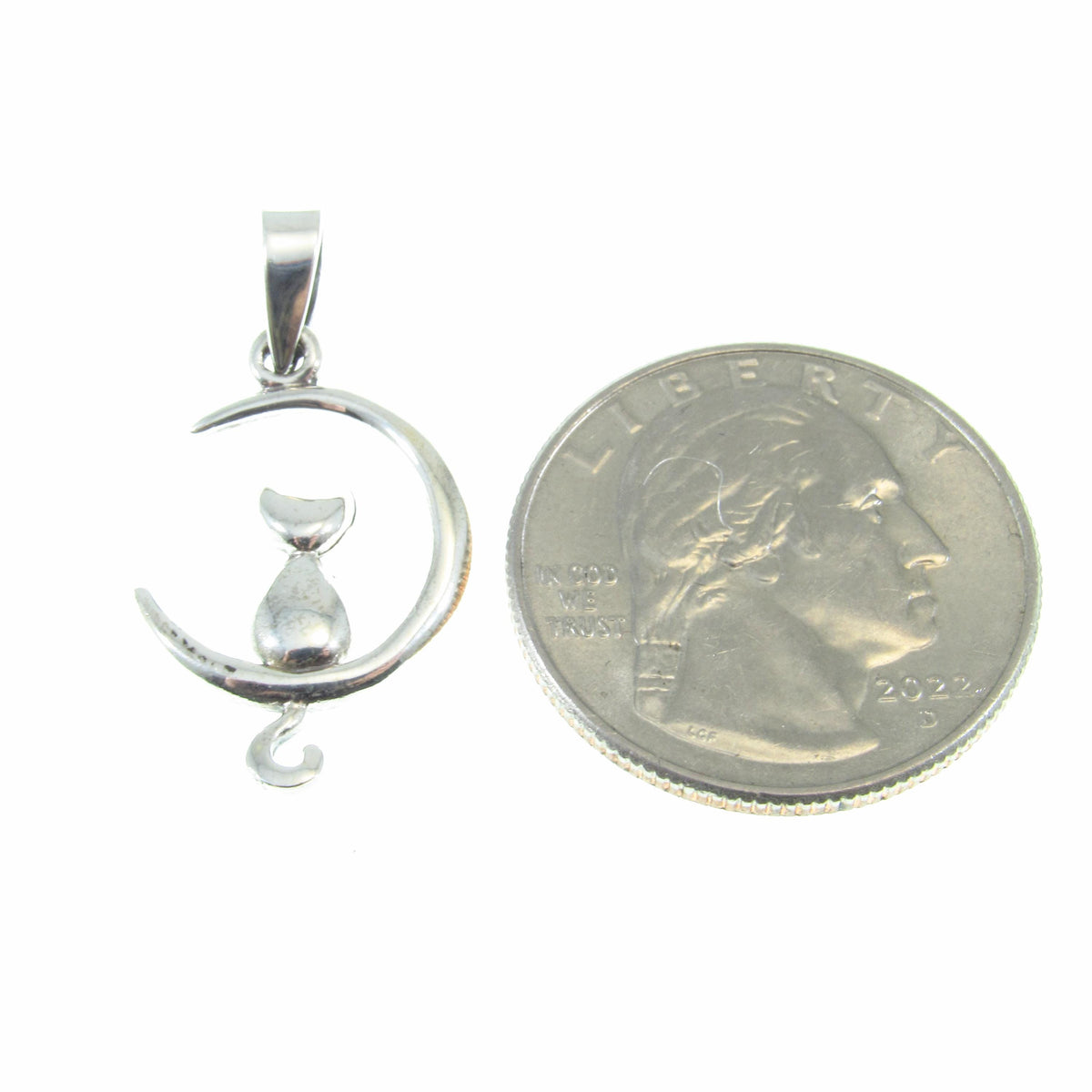 Solid 925 Sterling Silver Crescent Moon Cat Pendant, Witchy Feline Celestial Necklace Charm