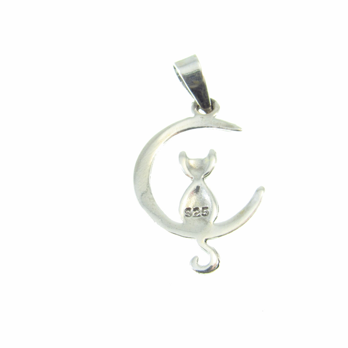 Solid 925 Sterling Silver Crescent Moon Cat Pendant, Witchy Feline Celestial Necklace Charm