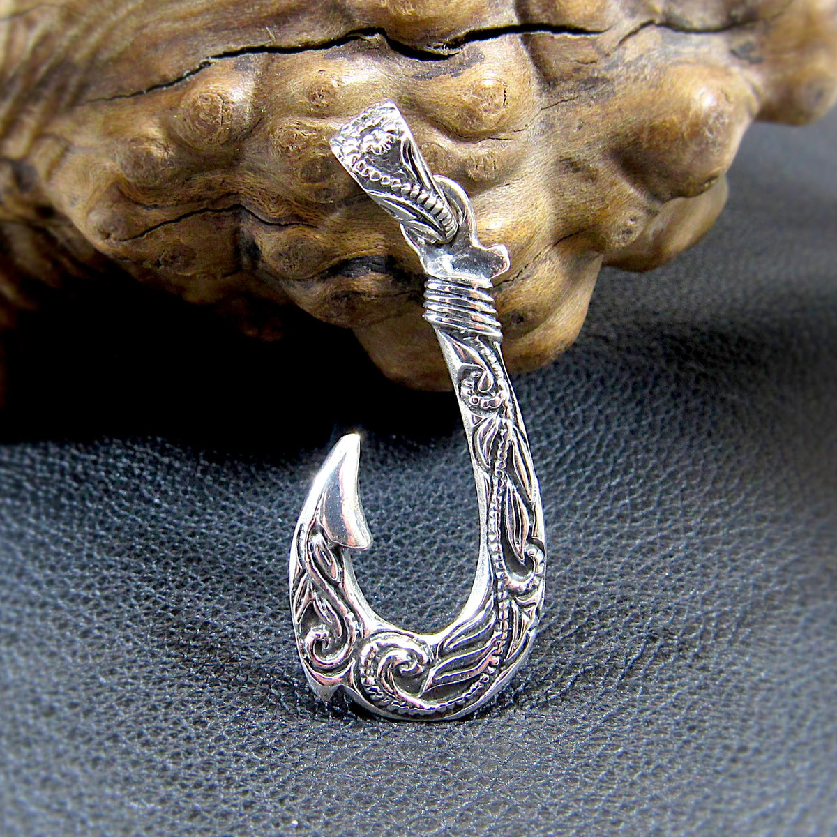 Solid Sterling Silver Hawaiian Fish Hook Pendant - Engraved Polynesian Necklace Pendant, Men's Silver Hook Charm, Nautical Jewelry Gift