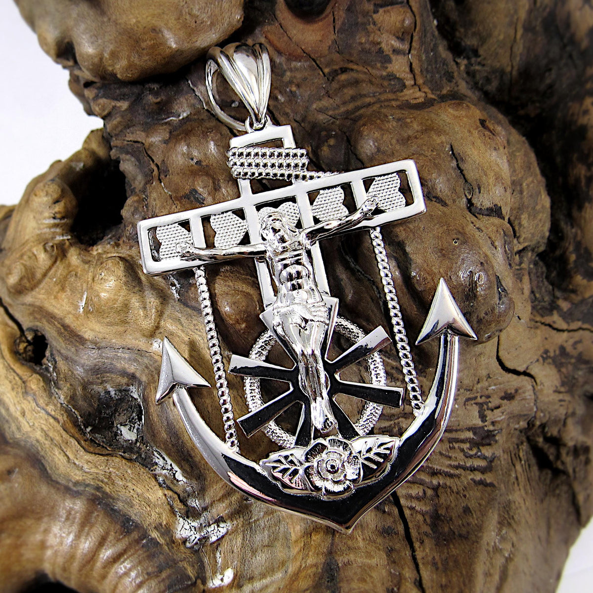 Solid 925 Sterling Silver Hip Hop Crucifix Anchor Pendant – Large Jesus Nautical Necklace Pendant, Christian Maritime Jewelry for Men