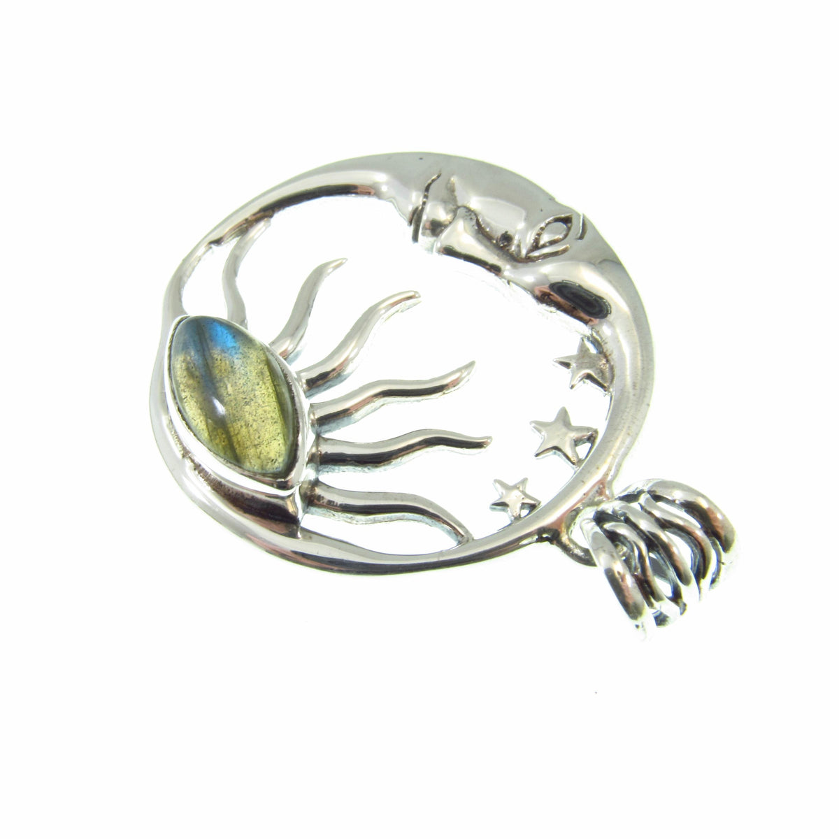 Solid 925 Sterling Silver Sun and Moon Pendant – Labradorite or Rainbow Moonstone Necklace Amulet