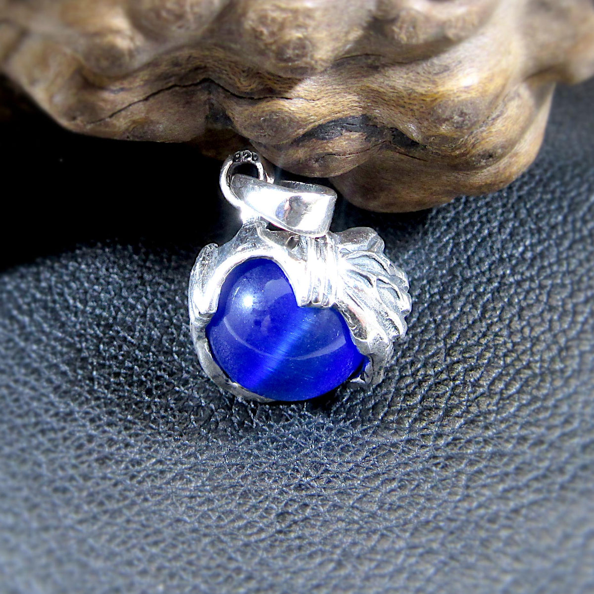 Solid 925 Sterling Silver Skull And Skeleton Hands Pendant, Blue Cat's Eye Quartz Gemstone Sphere, Necklace Pendant, Gothic Jewelry for Men