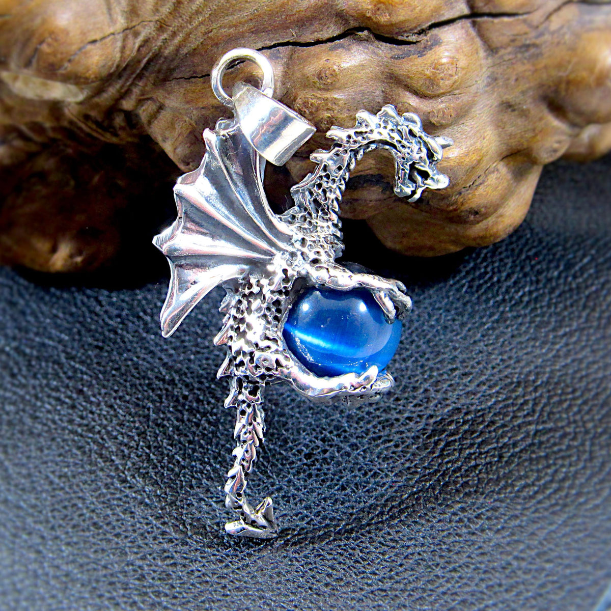 Solid 925 Sterling Silver Large 3D Dragon Pendant, Bright Blue Cat's Eye Quartz Gemstone Sphere, Handcrafted Fantasy and Fairytale Jewelry