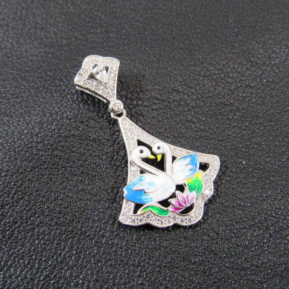 Solid 925 Sterling Silver Swan Pendant, Blue & White Enamel Swans and Flower Scene, Handcrafted Art Deco Charm, Vintage Style Summer Jewelry