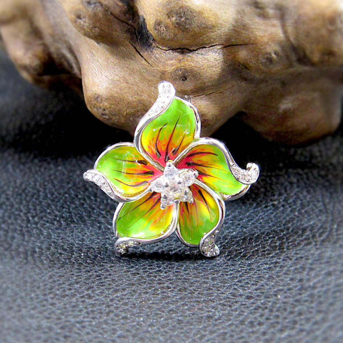 Solid 925 Sterling Silver & Enamel Hibiscus Flower Slide Pendant, Colorful Green Yellow and Red Charm, Handcrafted Floral Jewelry with CZs