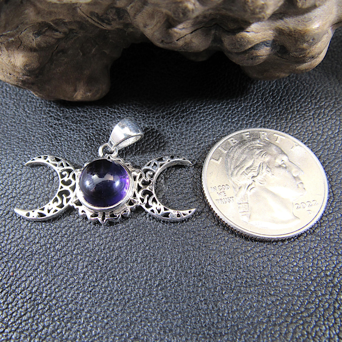Solid 925 Sterling Silver Triple Moon Pendant - Celestial Gemstone Amulet - Amethyst, Labradorite, Moonstone, Pearl